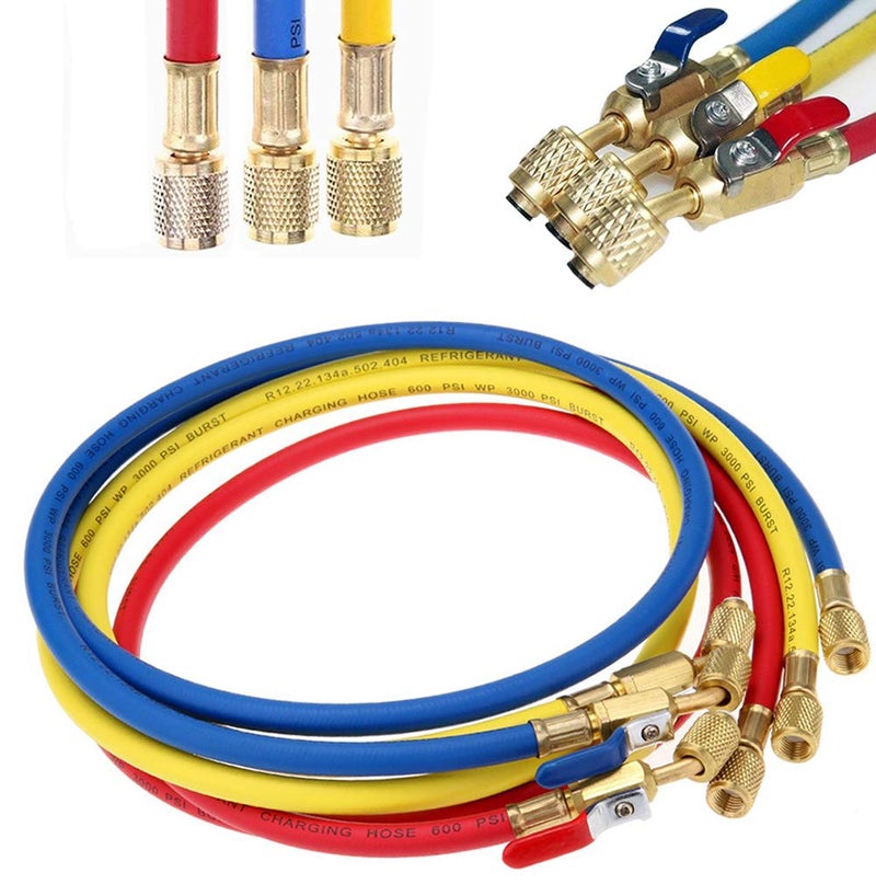 LIYYOO Refrigerant Charging Hose with Ball Valve Apply to R134A R12 R22 R502 R404 Refrigerant Air Conditioning Manifold Gauge 1/4" Thread Hose Set 60" Red/Yellow/Blue (Pack of 3) - Image 1